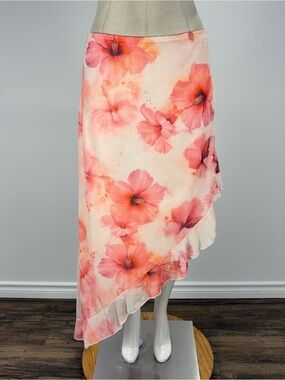See You Monday Y2K Pink Hibiscus Floral Mesh Asymmetrical Midi Skirt XL